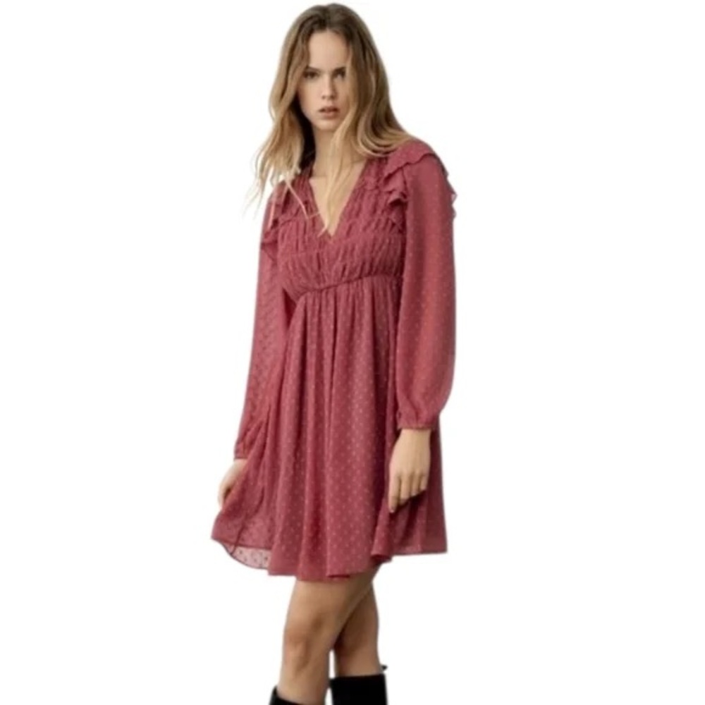 Zara Pink Ruffled Smocked Sundress with Bishop Sleeves Size L -New with tags